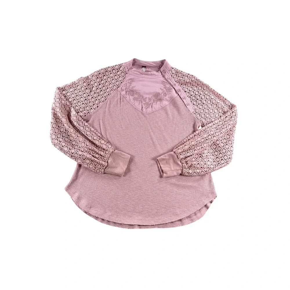 Free People Waffle Knit Thermal Top Pink Crochet Lace Sleeve Embroidered Small